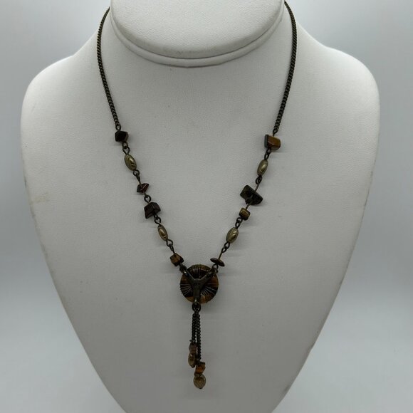 Nina Ricci For Avon Tiger Eye Necklace Dangle Floral Vintage Brass-tone - Picture 10 of 15